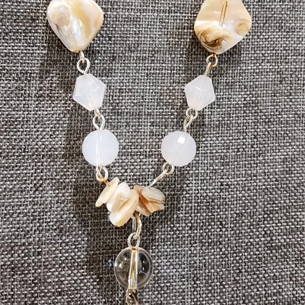 Abalone Shell Clear Glass Bead and White Bead Y Lariat Style Gold Necklace
